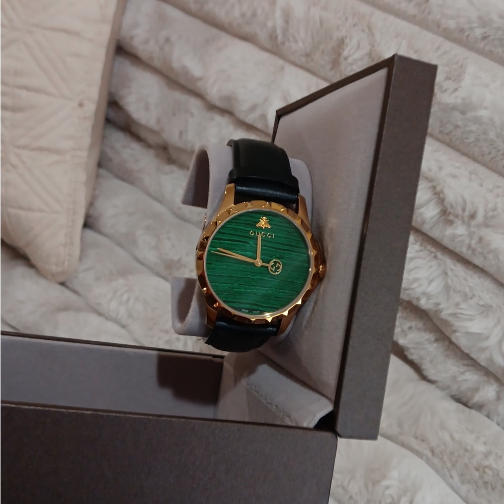 Gucci Watch with Green Dial and 18k Gold Bezel